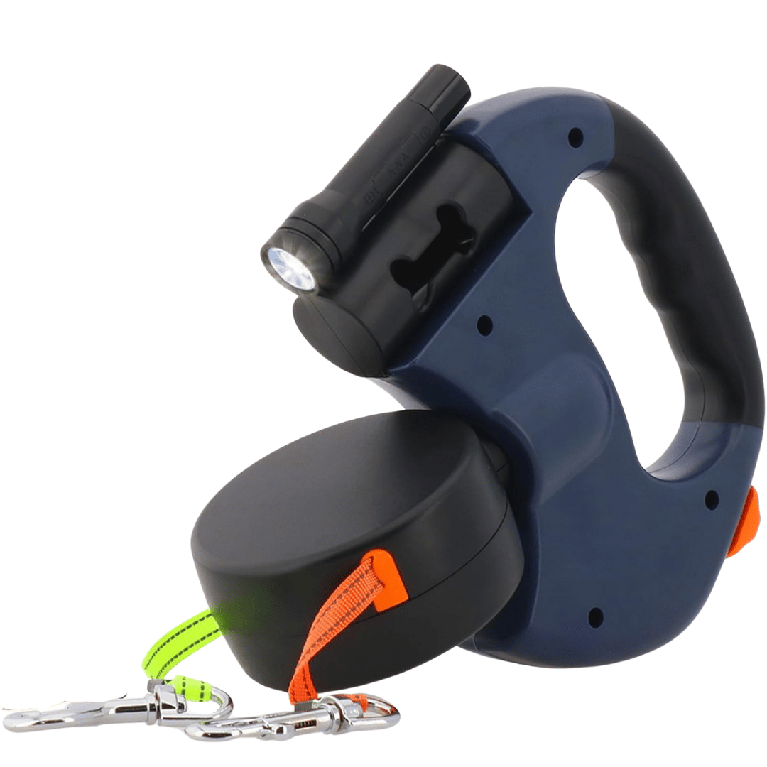 Blue Double Dog Leash with built-in LED flashlight and 360° swivel design. Perfect for safe nighttime walks with two small or medium dogs.