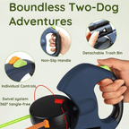 Image of a two-dog leash system featuring a 360° swivel for tangle‑free walks, dual controls, a non‑slip handle, and a detachable trash container; designed for safe, comfortable outings.