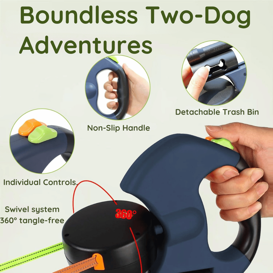 Image of a two-dog leash system featuring a 360° swivel for tangle‑free walks, dual controls, a non‑slip handle, and a detachable trash container; designed for safe, comfortable outings.