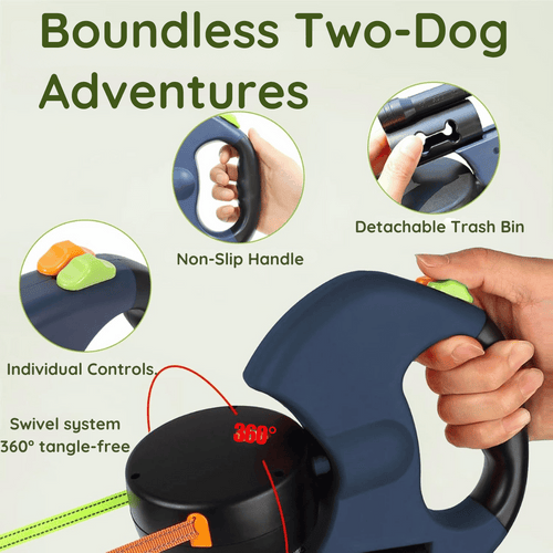 Image of a two-dog leash system featuring a 360° swivel for tangle‑free walks, dual controls, a non‑slip handle, and a detachable trash container; designed for safe, comfortable outings.