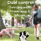 Image of a two-dog leash system engineered for effortless walks, featuring a 360° swivel for tangle‑free movement, dual controls for secure handling, an ergonomic non-slip handle, and a detachable trash container for easy cleanup. Ideal for pet owners seeking innovative, durable, and safe two-dog adventures.