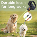 Image of a durable retractable dog leash for long walks featuring a sleek black handle with an orange button and a neon green-orange leash. Shown with a golden retriever and a white fluffy dog to highlight its strength, performance, and style.