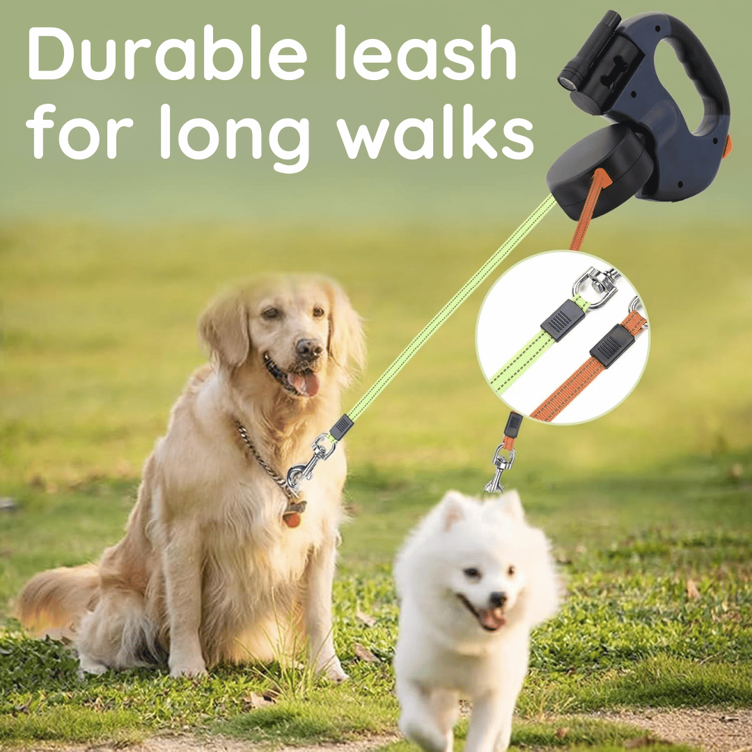 Image of a durable retractable dog leash for long walks featuring a sleek black handle with an orange button and a neon green-orange leash. Shown with a golden retriever and a white fluffy dog to highlight its strength, performance, and style.
