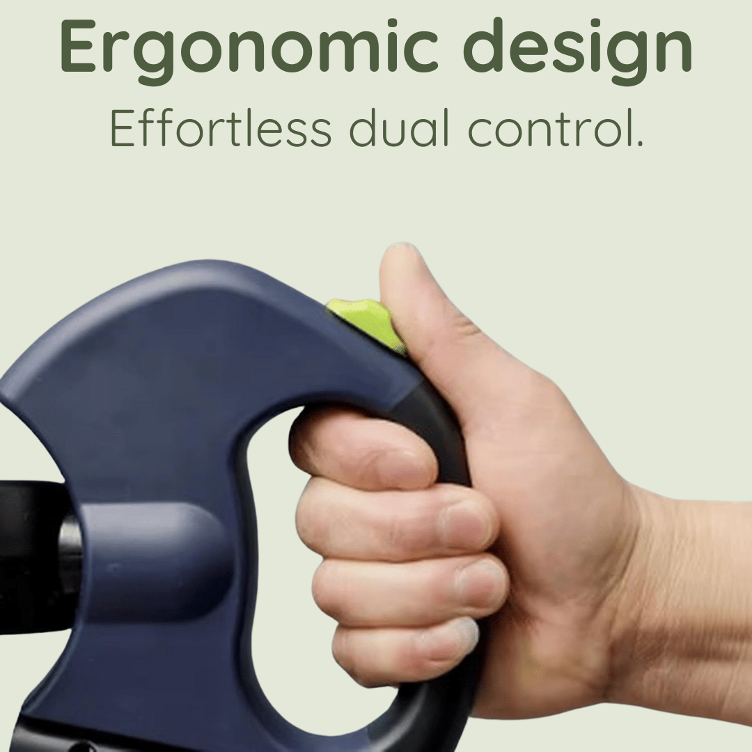 Close-up of a hand gripping an ergonomic handle with a bright green button, showcasing effortless dual control and modern design for pet products.