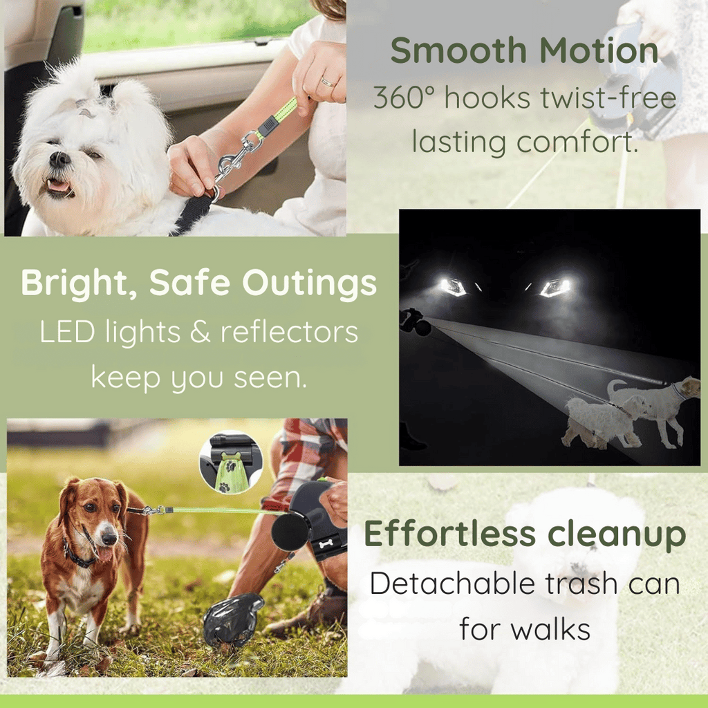 Promotional image for an advanced dog leash system featuring 360° swivel hooks for tangle‑free movement, bright LED lights and reflectors for safe, visible walks, and a detachable trash can for effortless cleanup, showcased in dynamic dog walking scenes.