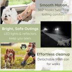 Promotional image for an advanced dog leash system featuring 360° swivel hooks for tangle‑free movement, bright LED lights and reflectors for safe, visible walks, and a detachable trash can for effortless cleanup, showcased in dynamic dog walking scenes.