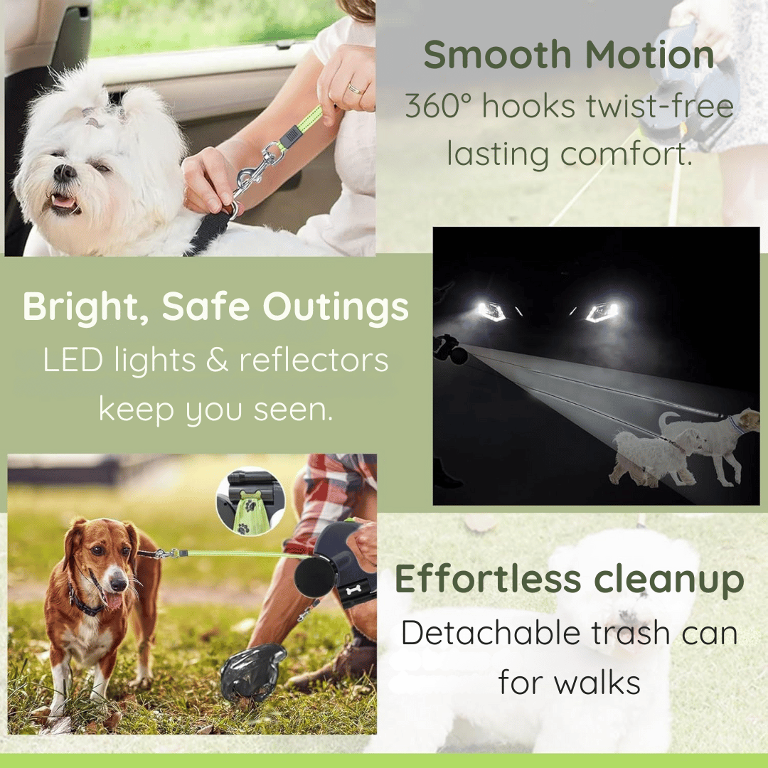 Promotional image for an advanced dog leash system featuring 360° swivel hooks for tangle‑free movement, bright LED lights and reflectors for safe, visible walks, and a detachable trash can for effortless cleanup, showcased in dynamic dog walking scenes.