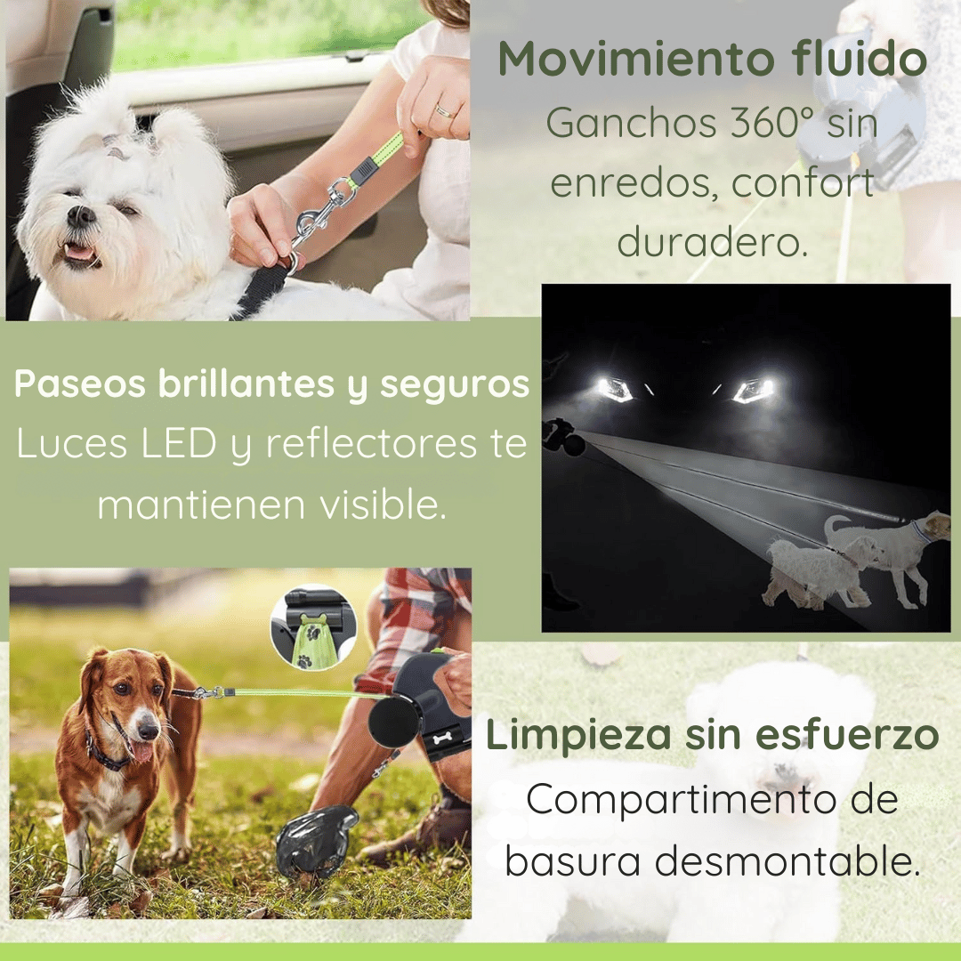 Imagen promocional de un innovador sistema de correa dual para perros, que muestra un collage de secciones: movimiento fluido con ganchos 360° sin enredos, paseos nocturnos seguros con luces LED y reflectores, limpieza sin esfuerzo gracias a un compartimento desmontable, y un primer plano de un mango ergonómico con control dual sin esfuerzo. Ideal para dueños que buscan seguridad, comodidad e innovación.